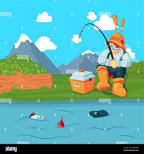 Vector Fisherman With Fishing Road Catching A Fish On Mountain