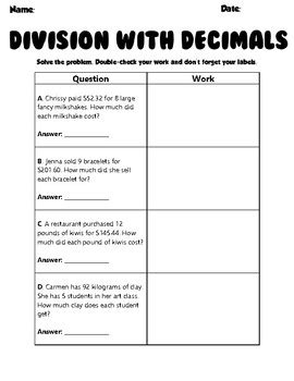 Division With Decimals Word Problems Practice Sheet By Discovery Forest