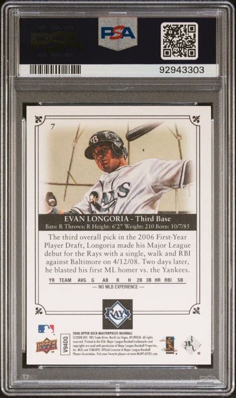 Evan Longoria Upper Deck Masterpieces Rc Psa Tampa Bay Rays