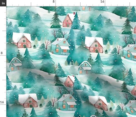 Snowscape Cottages Green New Fabric Spoonflower