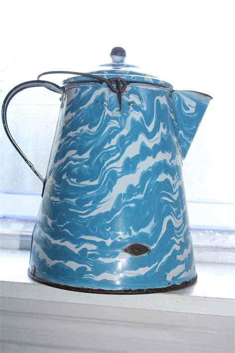 Antique Blue White Swirl Graniteware Coffee Pot