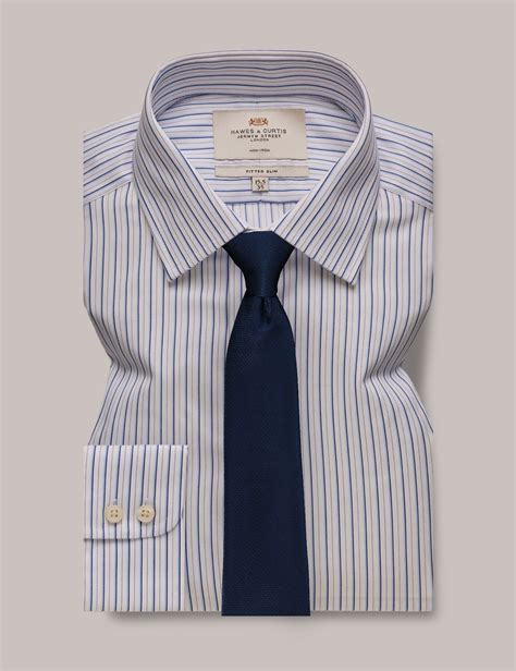 Men S Non Iron Blue White Stripe Fitted Slim Shirt Hawes Curtis