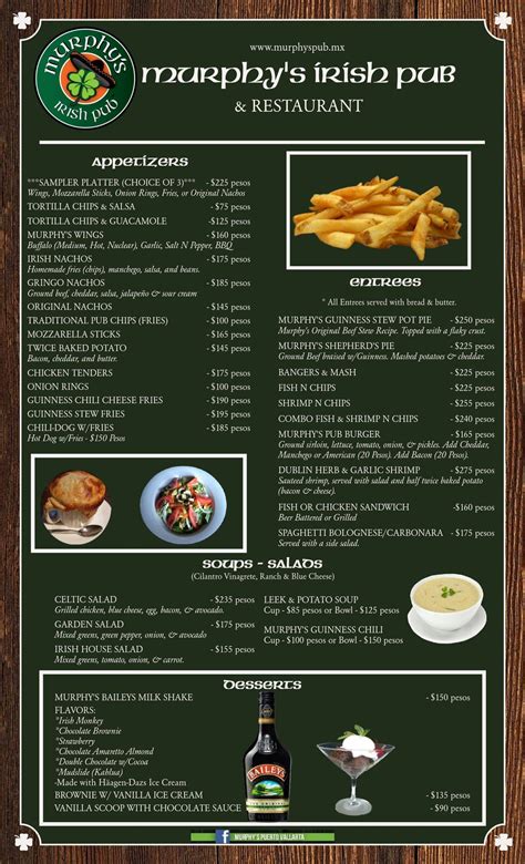 Menu at Murphy's Irish Pub, Puerto Vallarta