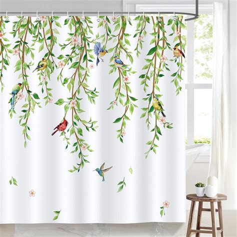 Bonhause Green Leaves Birds Shower Curtain Spring Hanging Vine Bathroom