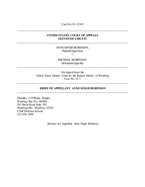 Appellate Brief Cover Page Template Word