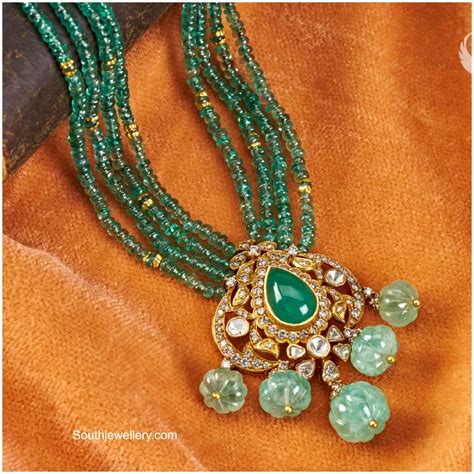 Emerald Beads Necklace With Polki Pendant Indian Jewellery Designs