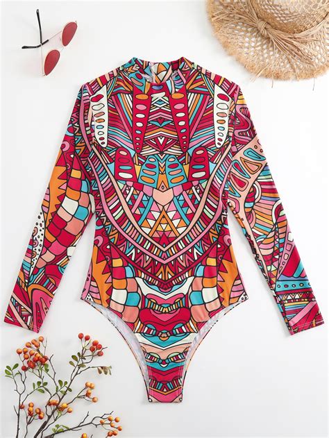 SHEIN Swim BohoFeel Bañador una pieza con estampado con cremallera