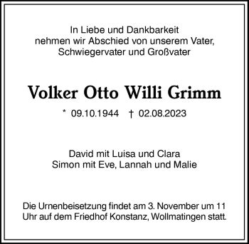 Traueranzeigen von Volker Otto Willi Grimm Schwarzwälder Bote Trauer