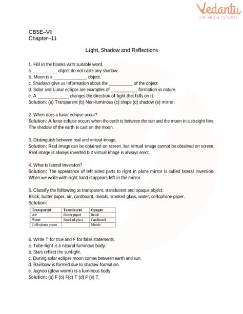 Cbse Class 6 Science Light Shadows And Reflections Worksheets With