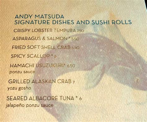 Nami Sushi Menu On Holland Americas Nieuw Statendam Cruise Ship