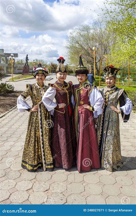 Kalmyk Girls In National Costumes And Headdresses Elista Republic Of