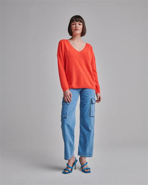 Pull 100 cachemire col V oversize angèle Corail fluo Absolut Cashmere