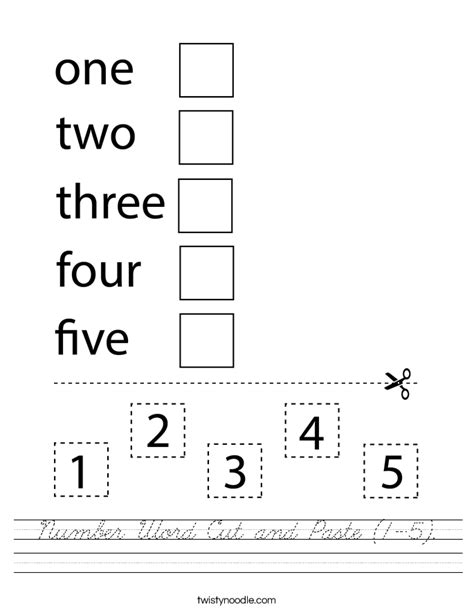 Number Word Cut And Paste 1 5 Worksheet Cursive Twisty Noodle