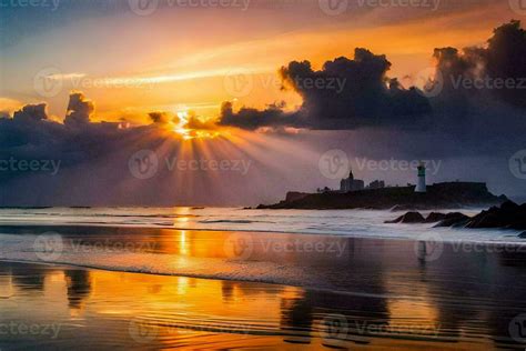 The Sun Shines Through Clouds Over A Beach And Lighthouse AI Generated