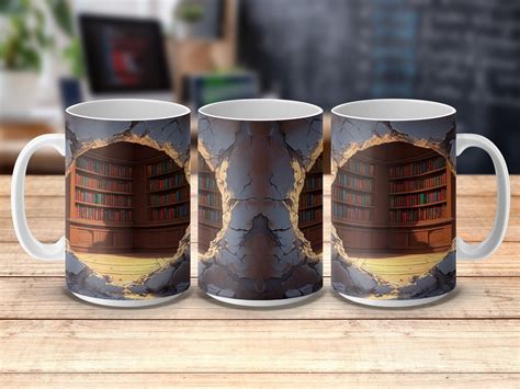 Library Hidden Behind Wall Break Digital Mug Wrap, Secret Bookshelf, 11