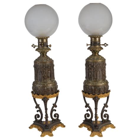 A Pair Of Gothic Revival Gilt And Patinated Bronze Oil Lamps