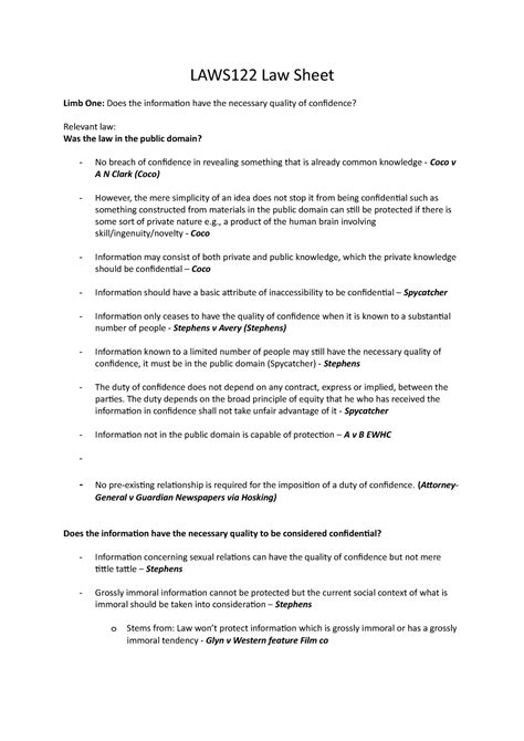 122 Bo C Cheat Sheet Breach Of Confidence Skeleton And Law Laws122 Law Sheet Limb One Does