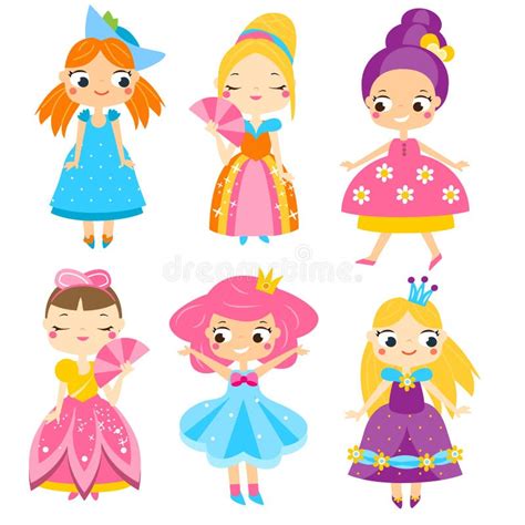 Cute Princesses Set Girls In Queen Dresses Vector Collection Of