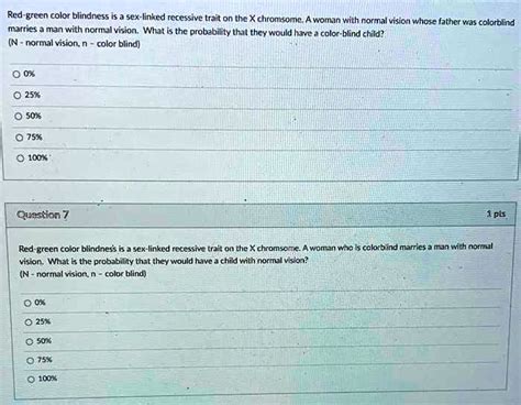 Red Green Color Blindness Is Sex Linked Recessive Trait On The X Chromsome Woman With Normal