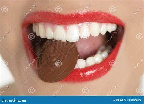 Chocolate Sweet In Beautiful Woman Mouth Stock Photo Image Of Makeup