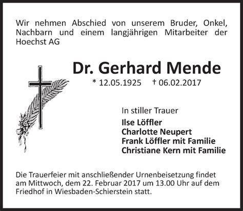 Traueranzeigen Von Gerhard Mende Vrm Trauer De