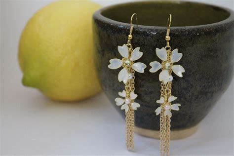 Sakura Earrings White Floral Dangle Earrings