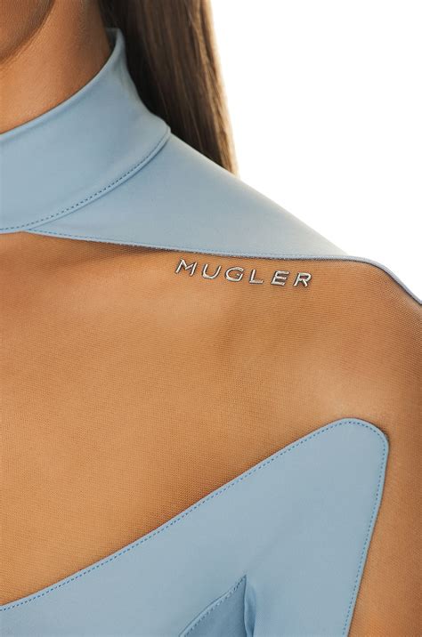 Mugler Illusion Cut Bodysuit In Light Blue Nude Fwrd