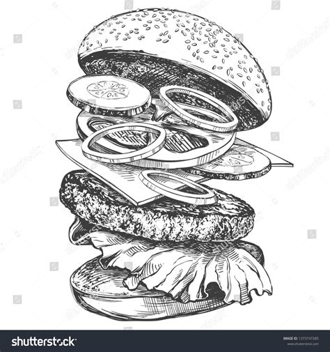 Big Burger Hamburger Hand Drawn Vector Vetor Stock Livre De Direitos 1373747285 Shutterstock