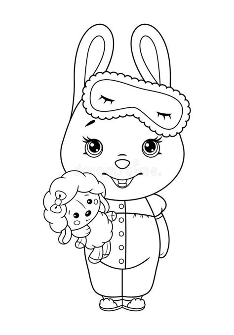 Coloring Page Outline Of Cartoon Girl In Pajamas With Pillow Stock