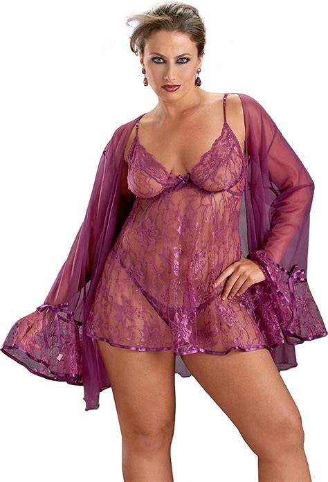 Amazon Plus Size Lingerie Lace Babydoll Coat Set X Berry Clothing Shoes Jewelry