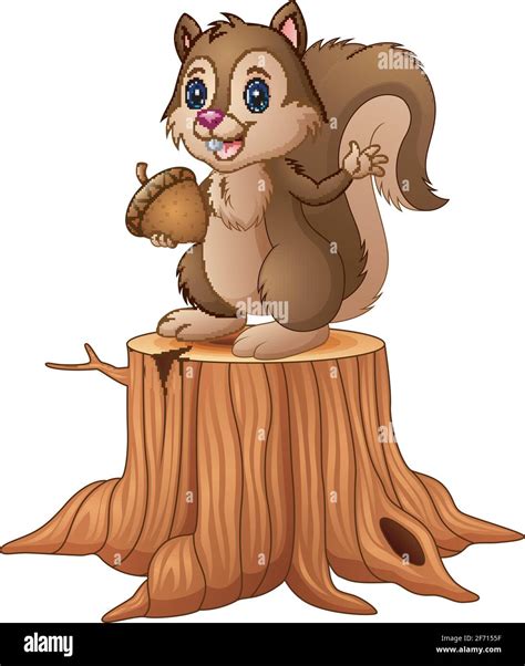 Vector Illustration Of Cartoon Squirrel Standing On Tree Stump Holding