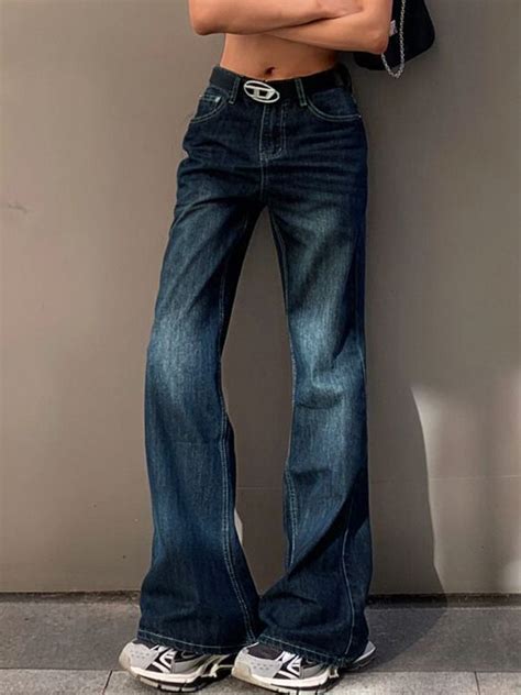 Emmiol Free Shipping Vintage Washed Distressed Flare Jeans Dark