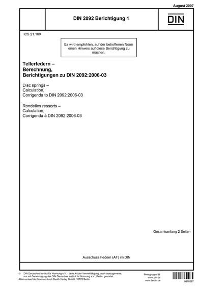 Din 2092 Berichtigung 12007 De Tellerfedern Berechnung