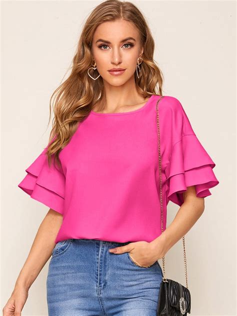 Hot Pink Elegant Half Sleeve Polyester Plain Top Embellished Non