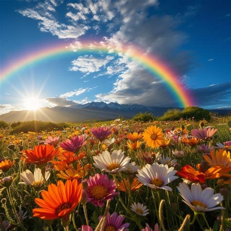 Premium Photo Blooming Wildflowers With A Rainbow In The Background