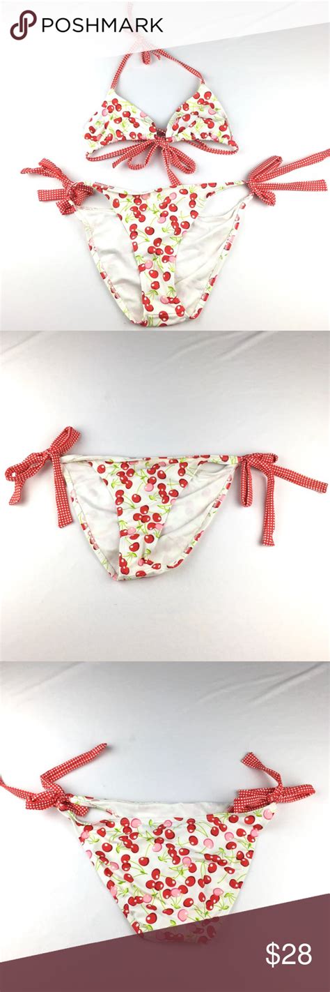 Bikini Set Cherry Print Fruit White Triangle Swim Cherry Print