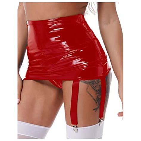 Yizyif Womens High Waist Mini Skirt Latex Garter With Straps Metal