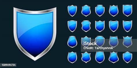 Set Of Various Vintage 3d Shield Icons Black Heraldic Shields Blue