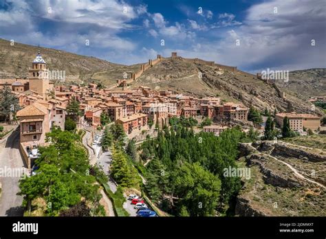 Aerial View Of Albarracin With Its Ancient Walls Aragon Spain Stock