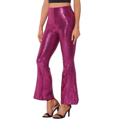 Inspire Chic Women S Sparkle Sequin Stretch High Waist Shiny Flare Bottoms Pants Hot Pink Large