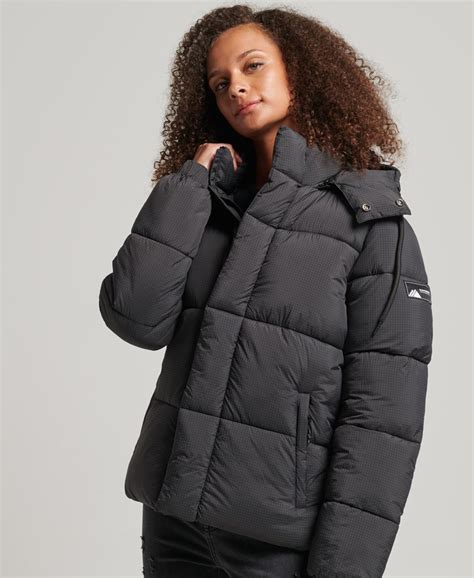 Womens Hooded Ripstop Puffer Jacket In Black Grid Superdry Uk