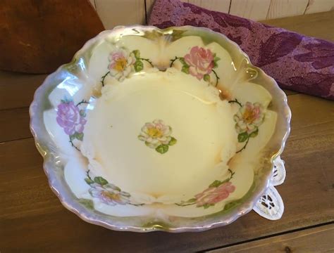 Vintage German Lusterware Serving Bowl With Rose Floral Etsy