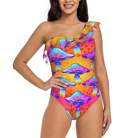 Easygdp Magic Mushrooms Womens One Shoulder Ruffle Monokini Bathing