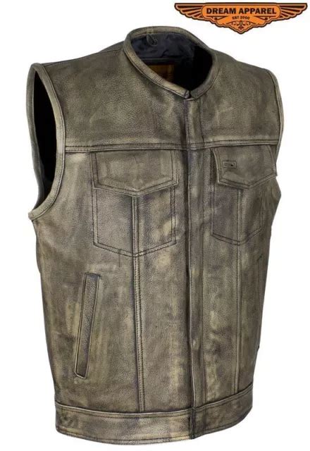 Men S Distressed Brown Naked Cowhide Leather Vest Motorcycle Waistcoat