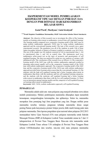 EKSPERIMENTASI MODEL PEMBELAJARAN KOOPERATIF TIPE NHT DENGAN PMR DAN