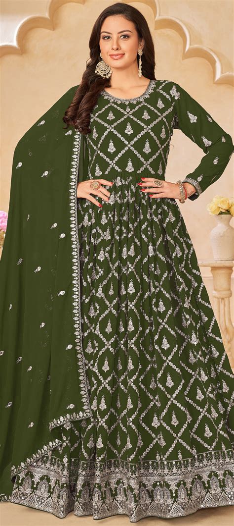 Festive Reception Green Color Faux Georgette Fabric Salwar Kameez