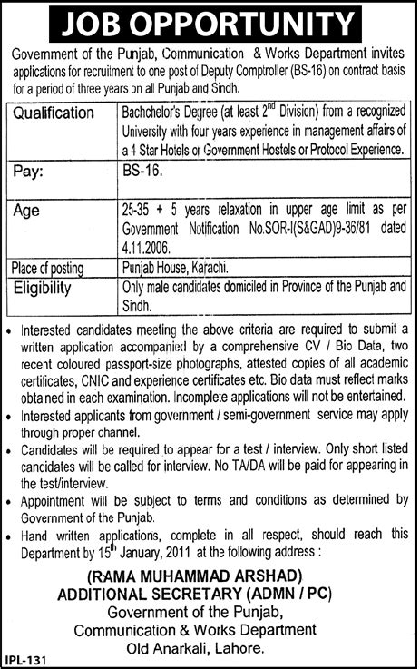 Government Of Punjab Communication And Works Department 2024 Job