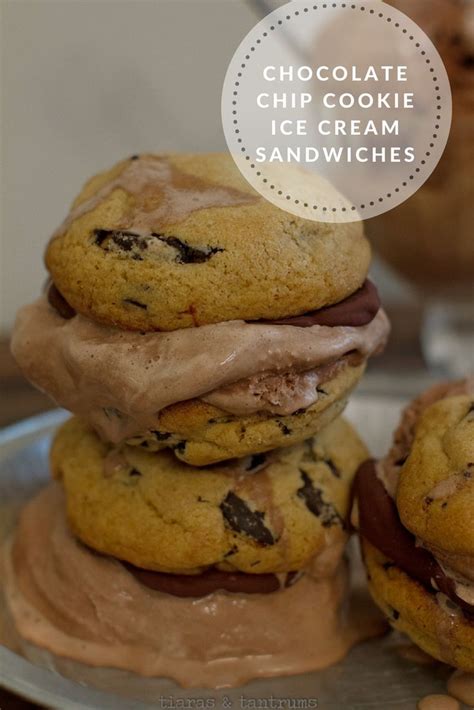 Chocolate Chip Cookie Ice Cream Sandwiches Stacked On Top Of Each Other