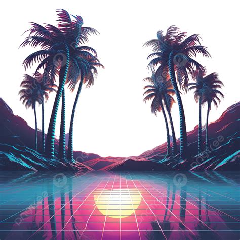 Synthwave Sunset Landscape With Palm Trees Retro Wave Illustration Ai Generated Retro Tropical