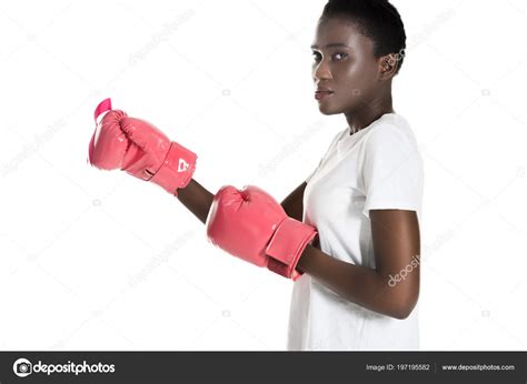 Side View African American Woman Pink Boxing Gloves Looking Camera ...